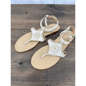 Jack Rogers Maci White Gold Leather Whipstitch Medallion Sandals Womens 6.5M